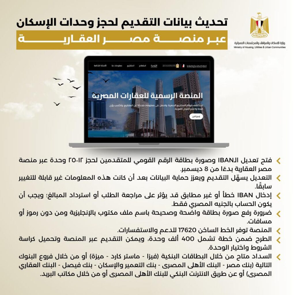 طريقة تحديث بيانات التقديم لحجز وحدات الإسكان على منصة مصر العقارية طريقة تحديث بيانات التقديم لحجز وحدات الإسكان على منصة مصر العقارية