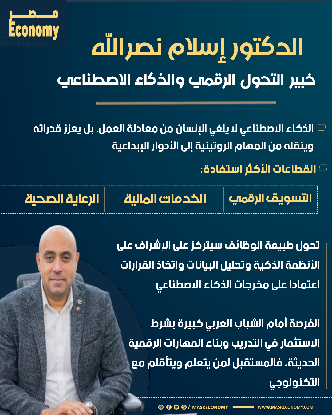 إسلام نصر الله: الذكاء الاصطناعي يعيد تشكيل الوظائف ولا يلغيها.. المستقبل لمن يمتلك المهارات الرقمية 1 انفوجراف مصرررر